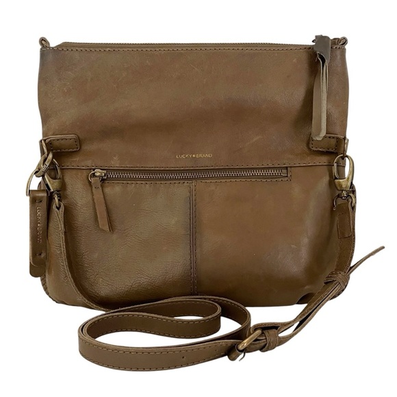 Lucky Brand Harper Taupe Leather Crossbody Messenger Clutch Shoulder Handbag Zip - Picture 1 of 10